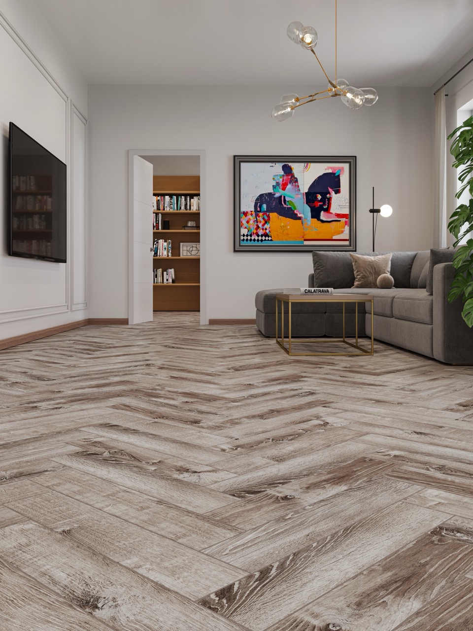 Кварцвиниловый SPC ламинат Cronafloor Herringbone Дуб Тулон H009 венгерская елка 640×128×4,5 фото в интерьере